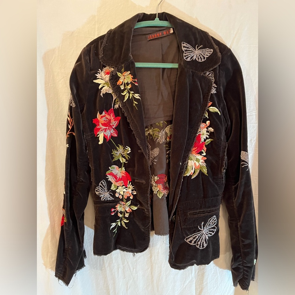 JOHNNY WAS velvet jacket blazer brown floral butterfly embroidered M medium - Picture 3 of 16
